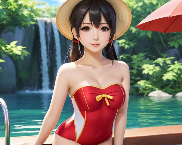 Young Woman in Red Swimsuit by Serene Poolside