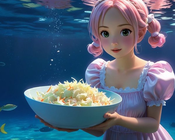 Underwater Scene with Cheerful Character and Salad