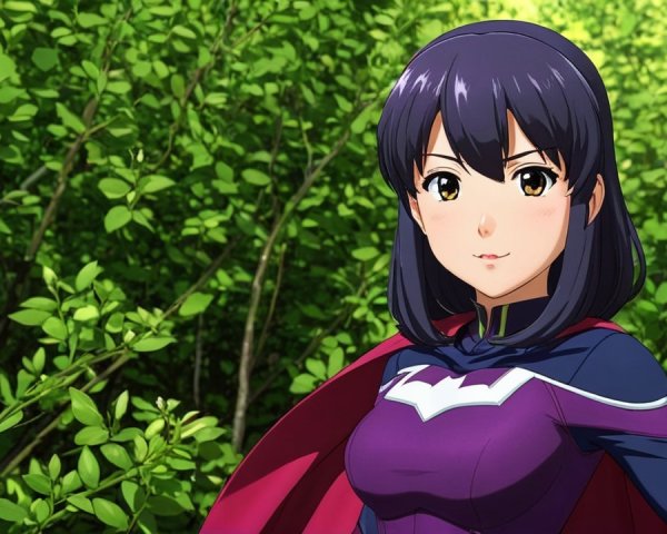 Young woman in vibrant purple outfit in lush nature