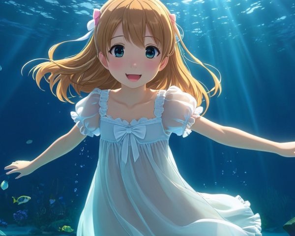 Charming Anime Girl Swimming in Vibrant Underwater Scene