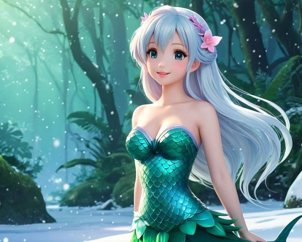 Mermaid in a Lush Forest with Falling Snowflakes