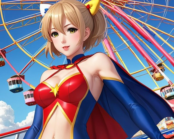 Confident Young Woman in Superhero Costume at Fair