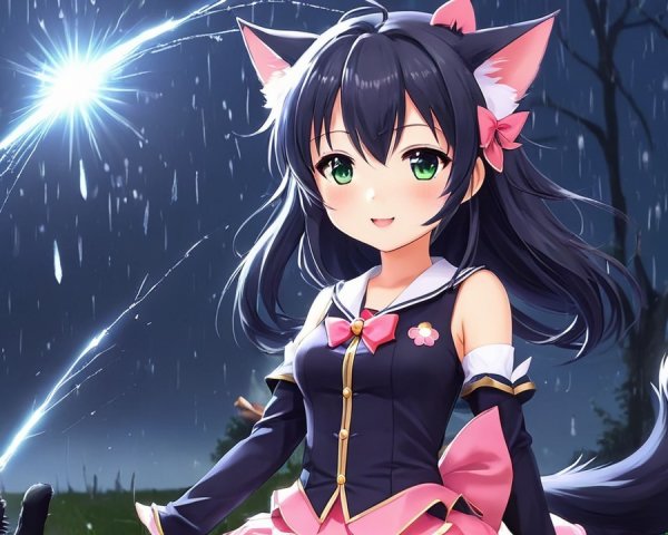 Whimsical Anime Character Under Starry Sky with Cat