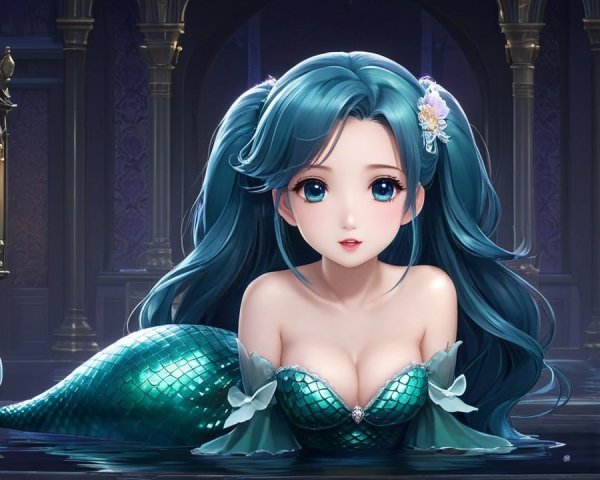 Underwater Scene with Mermaid and Mystical Architecture