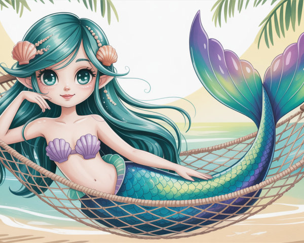 Cheerful mermaid illustration on a sunny beach hammock