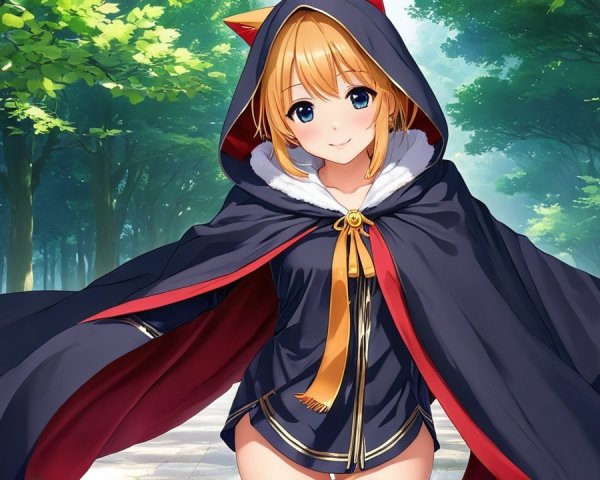 Cheerful character in a vibrant forest with cat ears