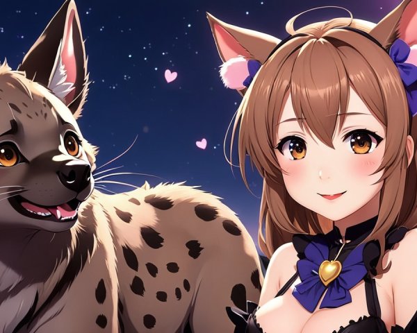Anime-style girl with cat ears and hyena in twilight