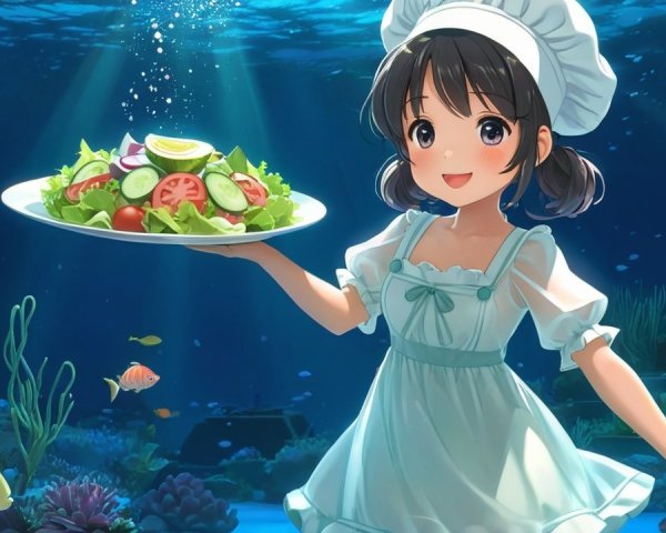 Young girl with salad underwater in vibrant scene