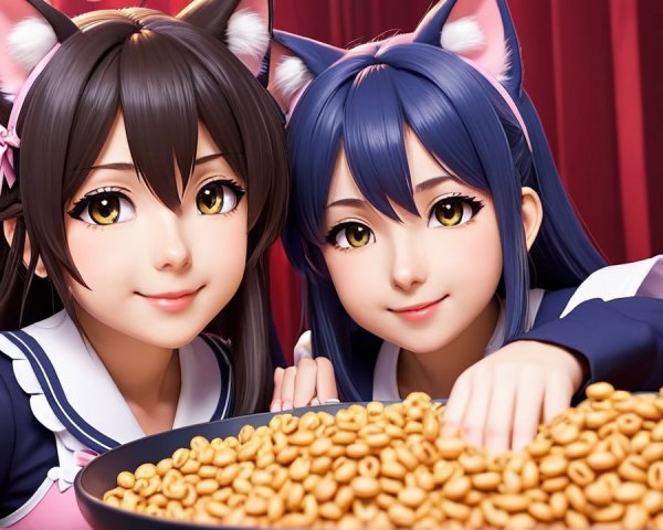 Animated Cat-Eared Characters in Cozy Setting