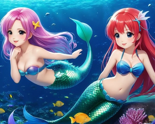 Vibrant Mermaids Swimming in a Colorful Underwater Scene