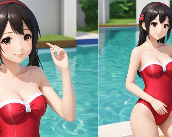 Young woman in red swimsuit by a sunny poolside