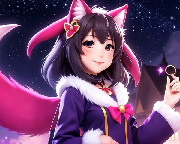 Cheerful anime girl with cat features in starry night