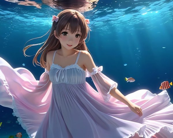 Young girl swimming in pink dress underwater with fish