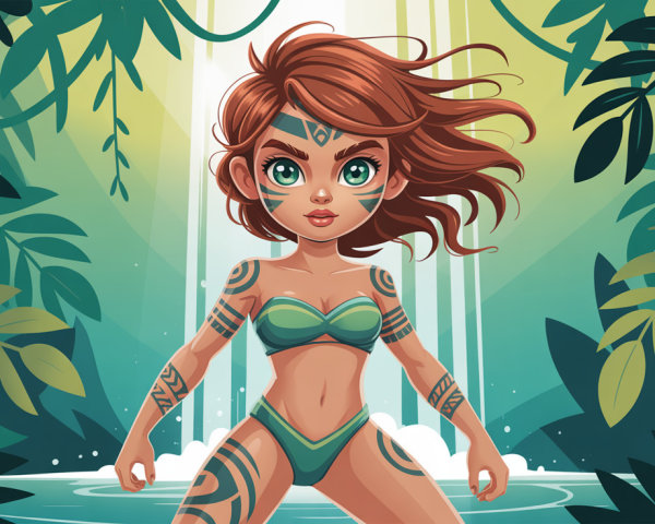 Amazonian Woman by Turquoise Waterfall Illustration