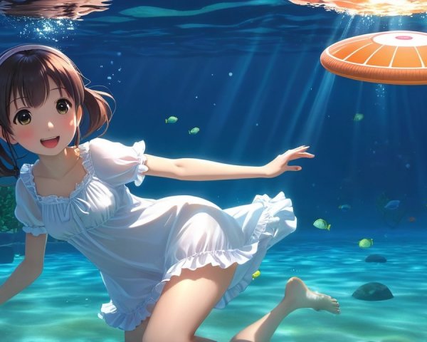Underwater Scene with Girl, Fish, and Glowing Object