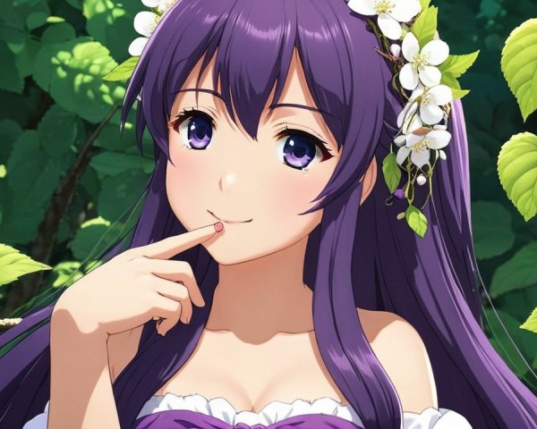 Young woman with purple hair and violet eyes in nature