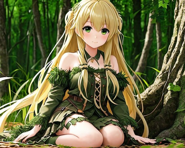 Anime Character in Lush Forest with Nature Outfit