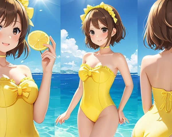 Cheerful Character in Yellow Swimsuit by the Ocean
