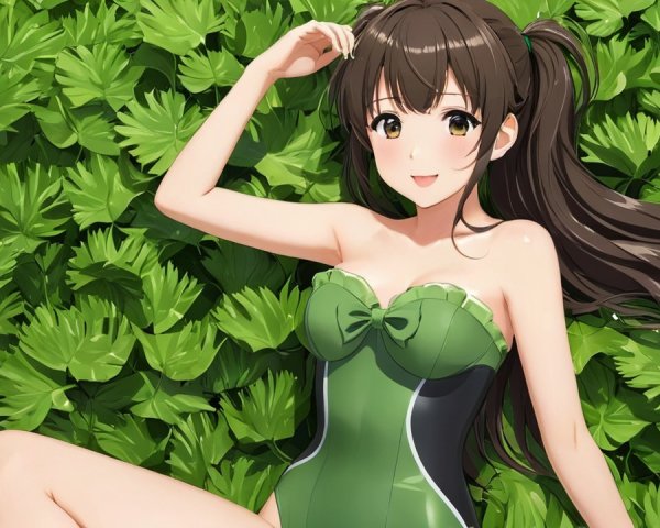Young Woman in Green Swimsuit on Lush Leaves