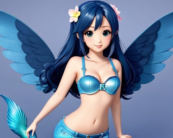 Vibrant Young Woman with Blue Hair and Wings