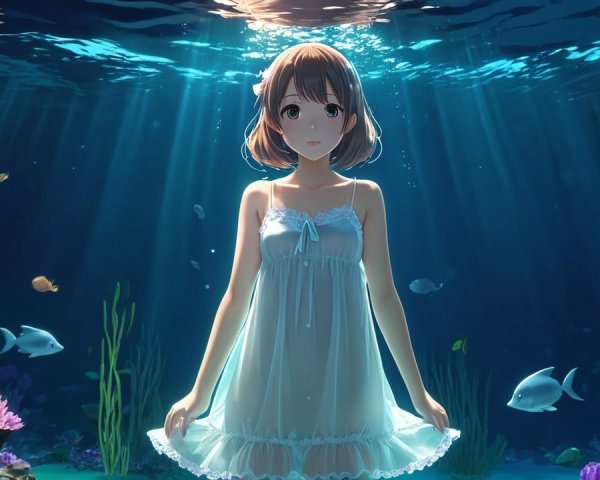 Underwater Scene of a Girl in a White Dress