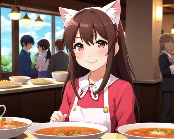 Cheerful anime girl in café with soup and greenery