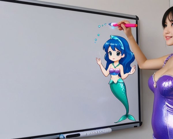Young woman in purple with mermaid illustration on board