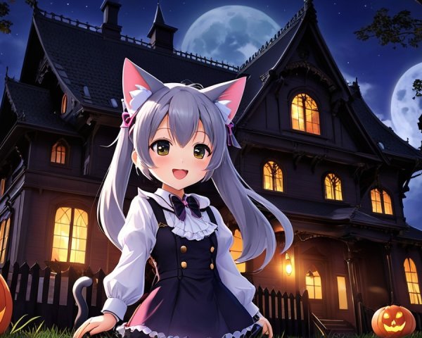 Cheerful Girl with Cat Ears at Gothic Mansion
