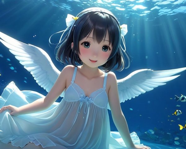 Young girl with angelic wings swimming underwater