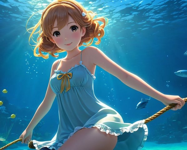 Young girl swimming underwater in a blue dress