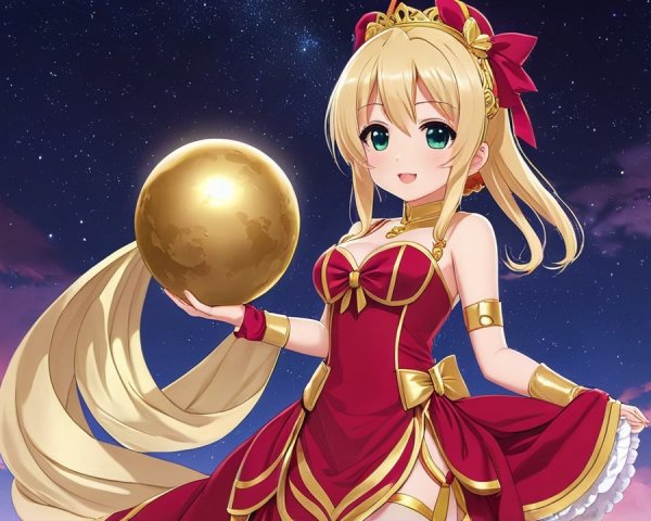 Cheerful anime girl in red dress at sunset sky