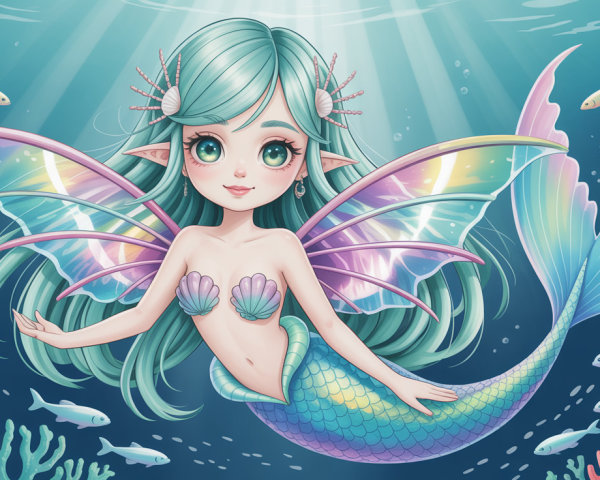 Young Mermaid with Iridescent Tail and Butterfly Wings