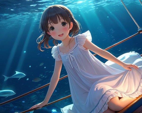 Young girl in white dress on boat in underwater scene