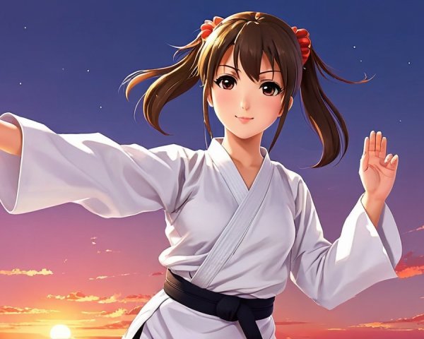Female Martial Artist in White Gi at Sunset