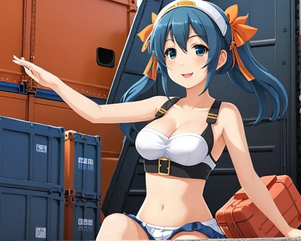 Cheerful Anime Character on Stacked Shipping Containers
