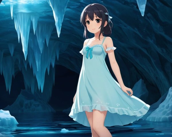 Young girl in blue dress in icy cave with icicles