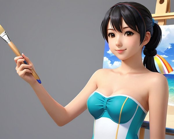 Animated Character with Easel and Beach Scene
