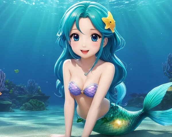 Whimsical Underwater Scene with a Cheerful Mermaid