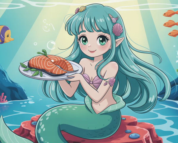Anime Mermaid with Aqua Hair and Coral Reef Setting