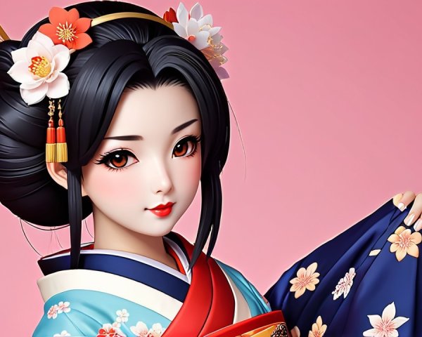 Young Woman in Vibrant Blue Kimono with Floral Patterns
