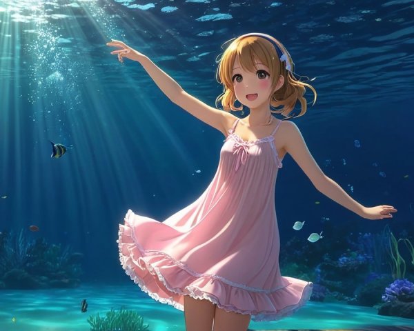 Underwater Dance of a Girl in a Pink Dress