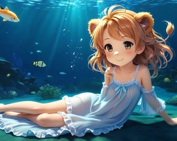 Underwater Scene with Anime Girl and Colorful Marine Life