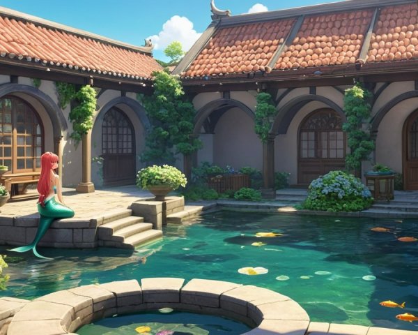 Serene courtyard with koi pond and lush greenery