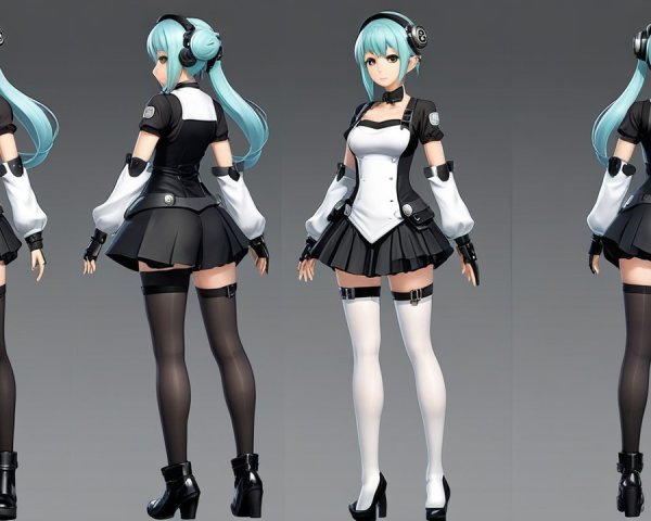 Stylized Female Character Design with Aqua Hair and Fashion