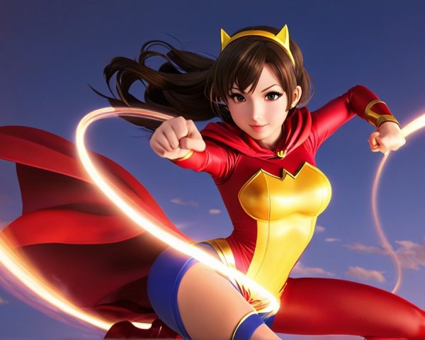 Dynamic Superheroine in Red and Yellow Costume