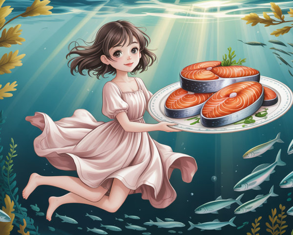 Underwater Scene of a Woman with Salmon Steaks