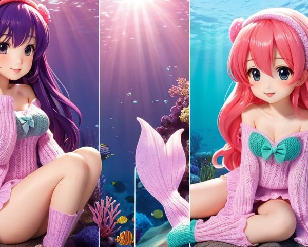 Anime Characters with Mermaid Tails Underwater Scene