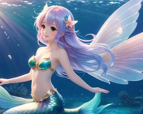 Mermaid with Pastel Hair in Vibrant Underwater Scene