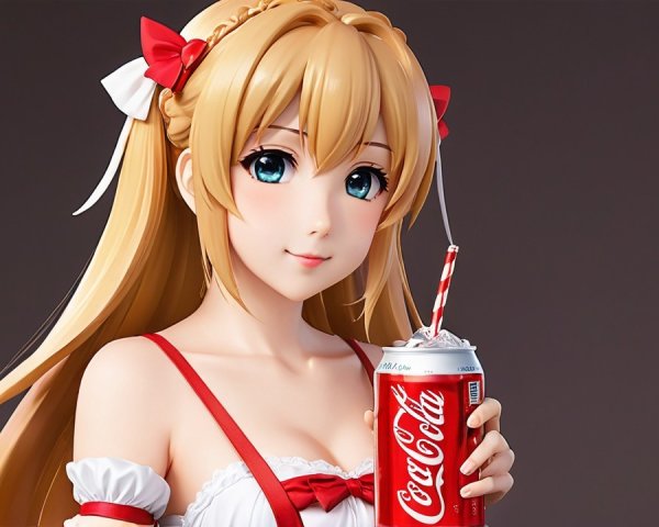 Cheerful anime character with Coca-Cola can and bows