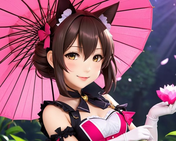 Charming anime character with lotus flower and parasol